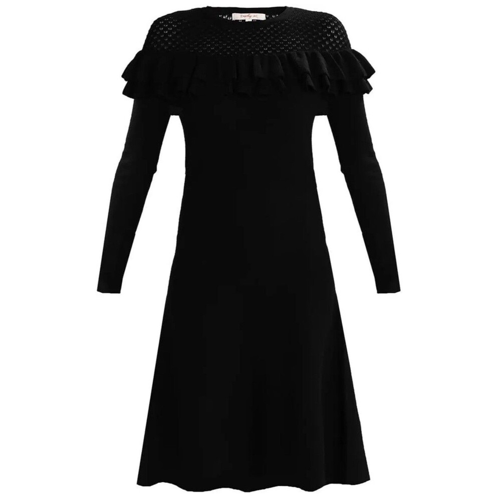 Derhy Dress Jackpot Women's Sz M Black Knit Ruffle Maxi Long Sleeve Dress
